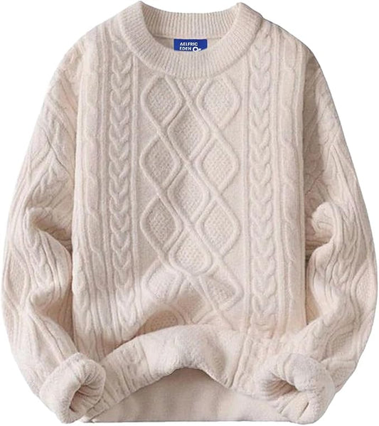 Women's 90s Vintage Oversized Knitted Sweater - Heavyweight Long Sleeve Woven Crewneck Pullover