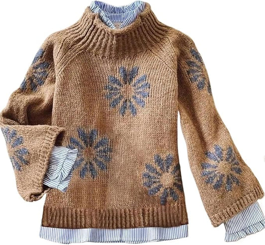 Women's Retro Brown Chunky Knit Mock Neck Sweater